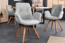 Drehbarer Design Stuhl BALTIC grau Bouclé natur Eiche Massivholz-Beine mit Armlehne