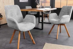 Drehbarer Design Stuhl BALTIC grau Bouclé natur Eiche Massivholz-Beine mit Armlehne