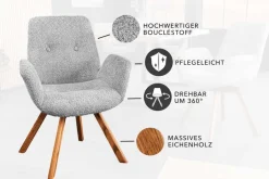 Drehbarer Design Stuhl BALTIC grau Bouclé natur Eiche Massivholz-Beine mit Armlehne