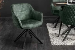 Drehbarer Design Stuhl EUPHORIA dunkelgrün Samt mit Armlehne Metallgestell schwarz