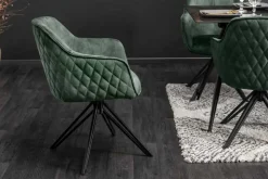 Drehbarer Design Stuhl EUPHORIA dunkelgrün Samt mit Armlehne Metallgestell schwarz