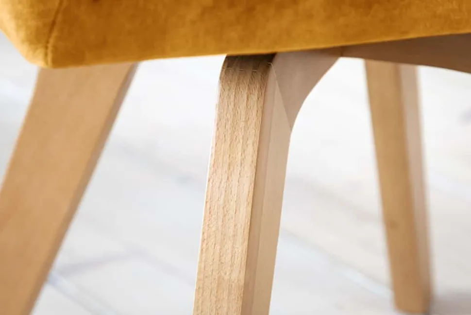 Drehbarer Design Stuhl LIVORNO senfgelb Samt Buchenholz Beine mit Armlehnen