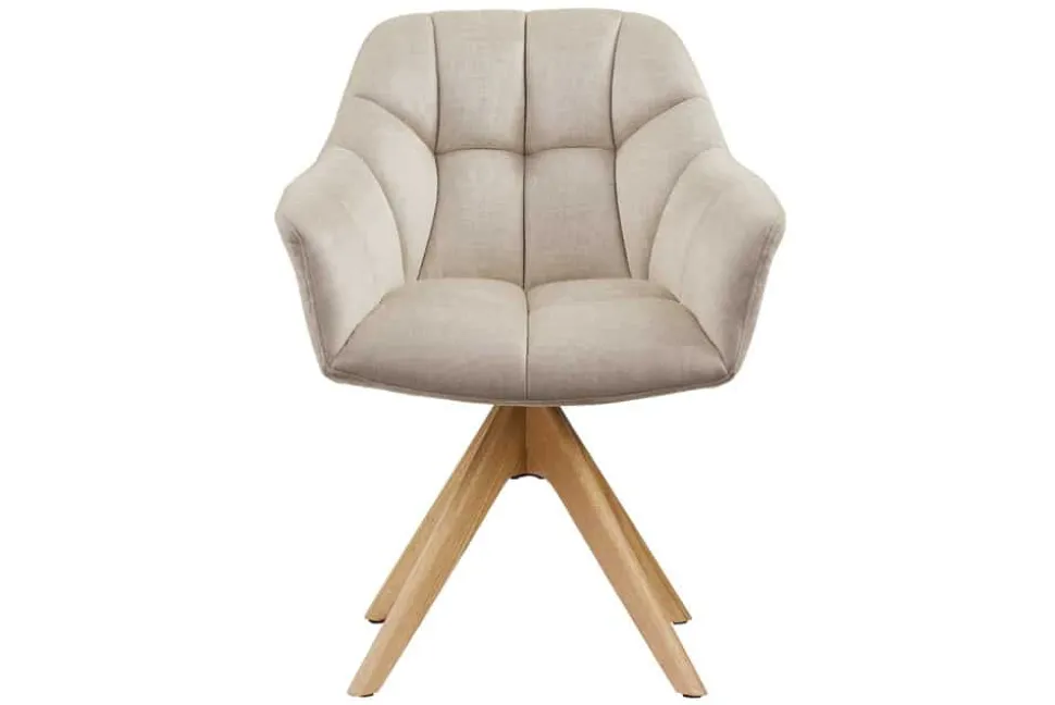 Drehbarer Design Stuhl PAPILLON beige Samt Eiche Massivholz mit Armlehnen