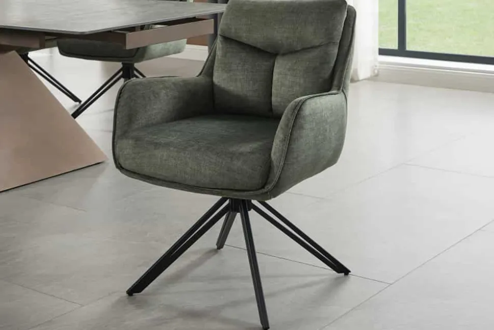 Drehbarer Design Stuhl PROMETHEUS moosgrün Vogue Velours Samt Taschenfederkern Metall