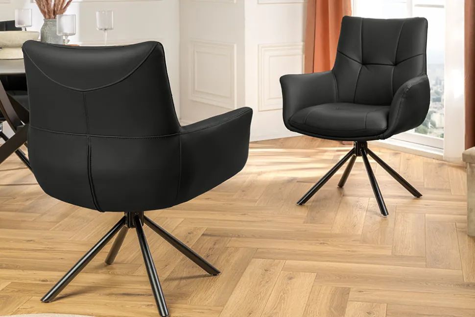 Drehbarer Design Stuhl SIGNATURE schwarz Echtleder 360° Taschenfederkern Metall