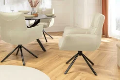 Drehbarer Design Stuhl SIGNATURE beige Echtleder 360° Taschenfederkern schwarz Metall