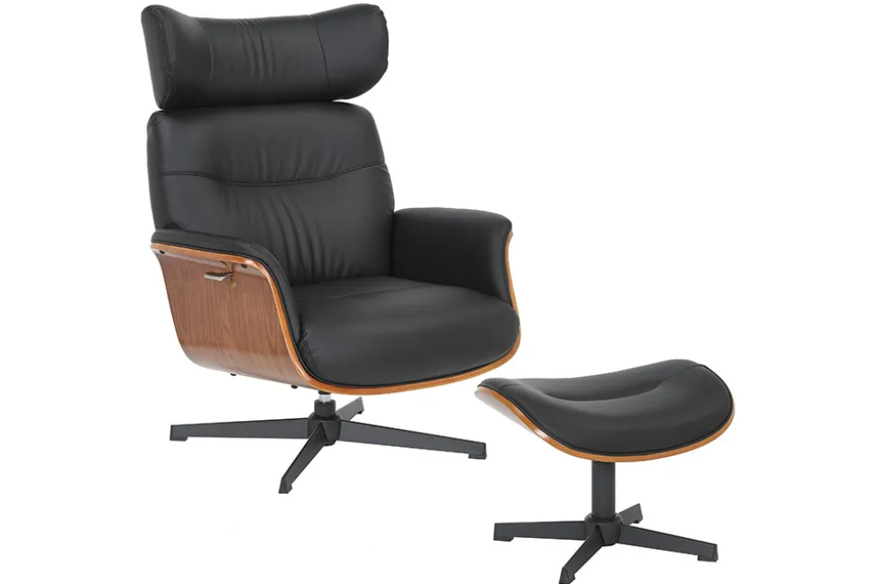 Drehbarer Hocker VOGUE COMFORT schwarz Kunstleder braun Walnuss-Design