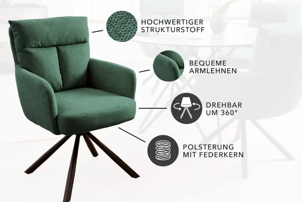 Drehbarer Retro Stuhl BIG GEORGE grün mit Armlehnen und Taschenfederkernpolsterung