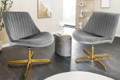 Drehbarer Sessel LOUNGER grau gold Samt Modern Design