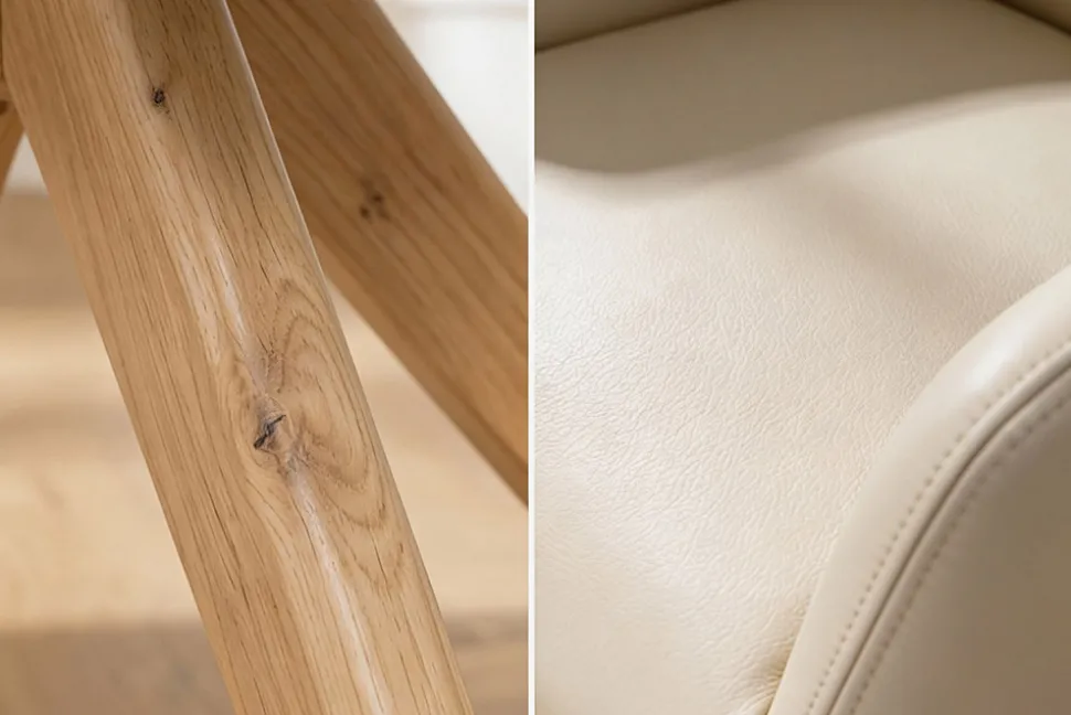 Drehbarer Stuhl ALMARA beige sand Echtleder 360° Taschenfederkern natur Eiche Massivholz