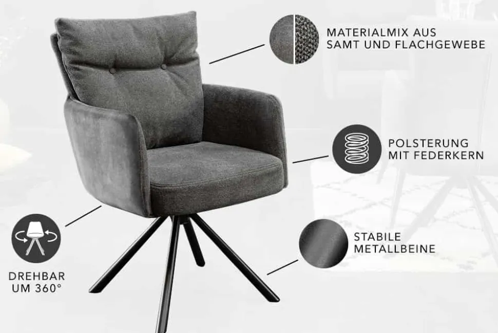Drehbarer Stuhl BIG GEORGE anthrazit Samt Strukturstoff Armlehne Taschenfederkern