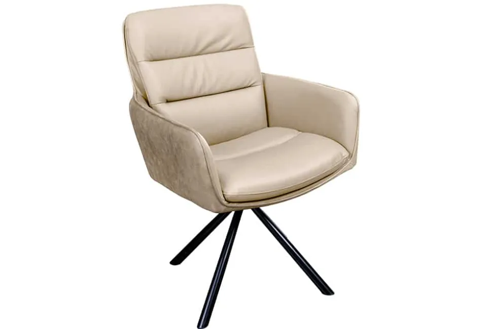 Drehbarer Stuhl BIG GEORGE beige Echtleder Microfaser mit Armlehne schwarze Metallbeine