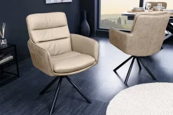 Drehbarer Stuhl BIG GEORGE beige Echtleder Microfaser mit Armlehne schwarze Metallbeine
