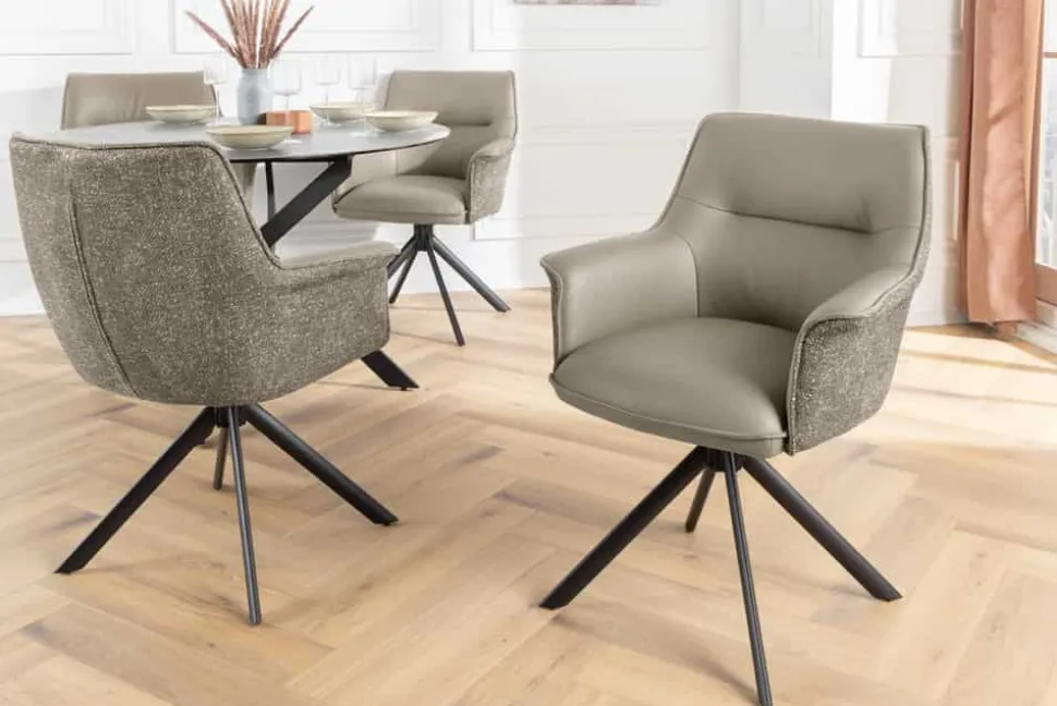 Drehbarer Stuhl LE GRAND taupe Echtleder Strukturstoff schwarzes Metallgestell