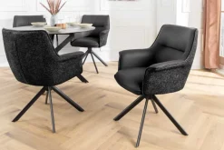 Drehbarer Stuhl LE GRAND schwarz Echtleder Strukturstoff Metallgestell mit Armlehne