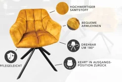 Drehbarer Stuhl PAPILLON senfgelb Samt schwarze Metallbeine Armlehnen