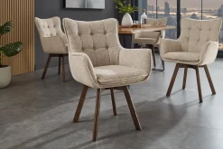 Drehbarer Stuhl THOR beige Strukturstoff braun Wenge Eichenholz 360° mit Armlehne