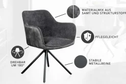 Drehbarer Stuhl VERONA dunkelgrau Samt Strukturstoff mit Armlehne Metallbeine schwarz
