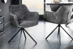 Drehbarer Stuhl VERONA dunkelgrau Samt Strukturstoff mit Armlehne Metallbeine schwarz