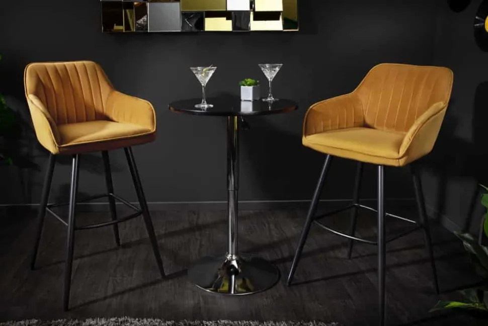 Edler Barhocker TURIN senfgelb Samt mit Ziersteppung Barstuhl mit Armlehne