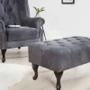 Edler Chesterfield Fußhocker antik grau Microfaser mit Knopfheftung und Nietenbesatz