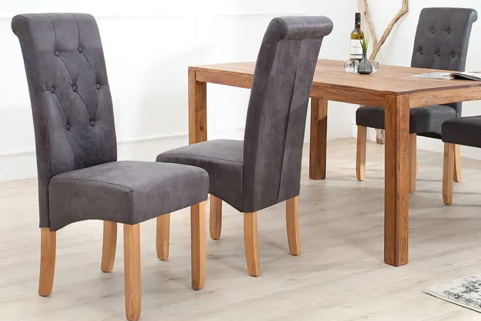Edler Stuhl CASA vintage grau mit Zierknöpfen Massivholzbeine