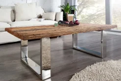 Eindrucksvoller Couchtisch BARRACUDA 110cm antik Teakholz mit Kufengestell und Glas