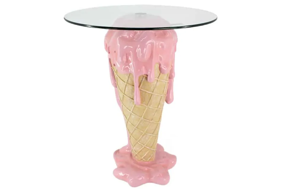 Einzigartiger Bistrotisch ICE CREAM 75cm beige rosa runde Tischplatte Glas handmade