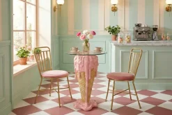 Einzigartiger Bistrotisch ICE CREAM 75cm beige rosa runde Tischplatte Glas handmade