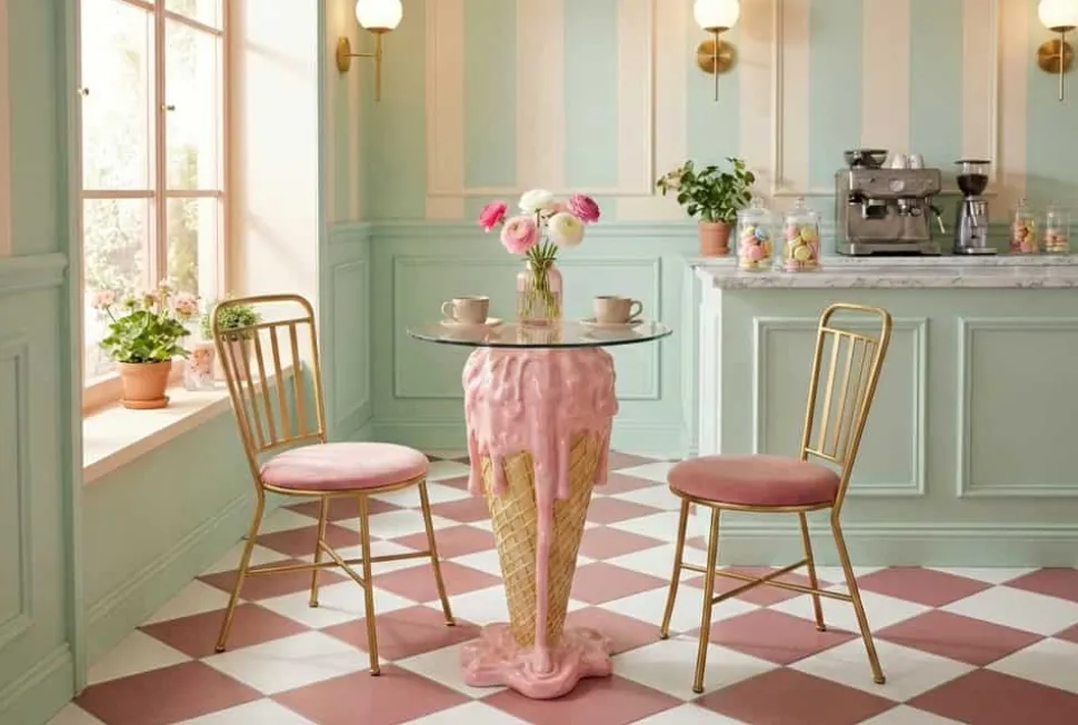 Einzigartiger Bistrotisch ICE CREAM 75cm beige rosa runde Tischplatte Glas handmade