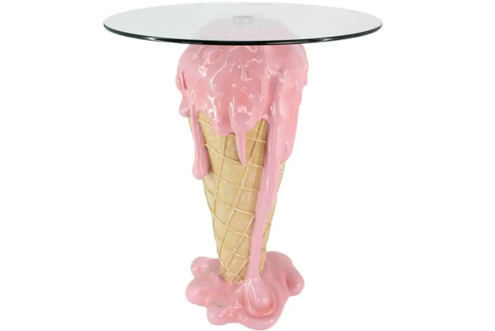 Einzigartiger Bistrotisch ICE CREAM 75cm beige rosa runde Tischplatte Glas handmade