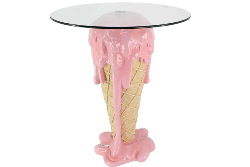 Einzigartiger Bistrotisch ICE CREAM 75cm beige rosa runde Tischplatte Glas handmade