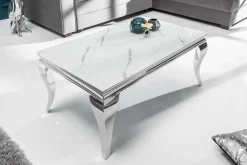 Eleganter Couchtisch MODERN BAROCK 100cm Glasplatte in Marmoroptik Edelstahlbeine