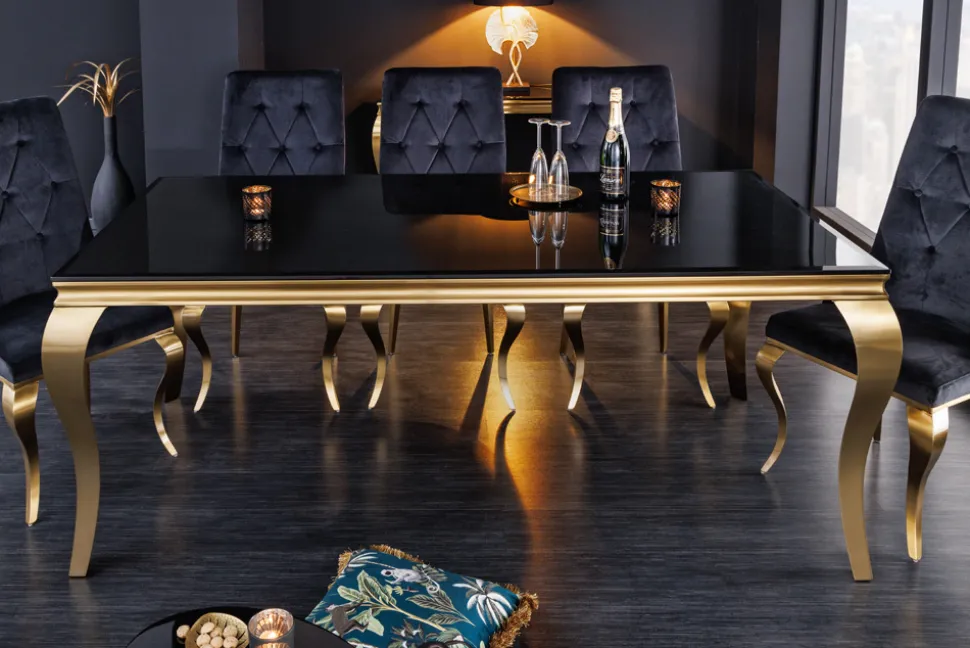 Eleganter Design Esstisch MODERN BAROCK 180cm schwarz gold Edelstahl Opalglas Tischplatte