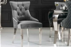 Eleganter Stuhl CASTLE DELUXE grau Samt Löwenkopf Chesterfield Design Esszimmerstuhl Nieten