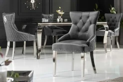 Eleganter Stuhl CASTLE DELUXE grau Samt Löwenkopf Chesterfield Design Esszimmerstuhl Nieten