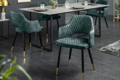 Eleganter Stuhl PARIS petrol Samt Ziersteppung Fußkappen gold Retro-Design mit Armlehnen
