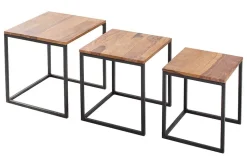 3er Set Beistelltisch ELEMENTS 40cm braun Sheesham Massivholz stone finish Metall