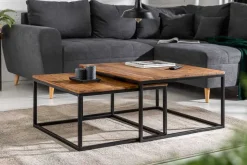 2er Set Couchtisch ELEMENTS 65cm braun Sheesham Massivholz stone finish Eisen schwarz