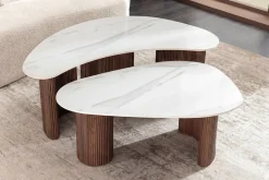 2er Set Couchtische OSAKA 120cm weiß Marmor Keramik Walnuss