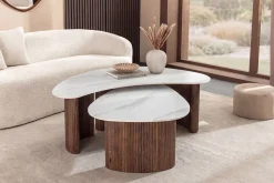 2er Set Couchtische OSAKA 120cm weiß Marmor Keramik Walnuss