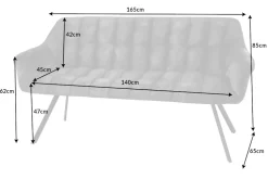 Esszimmer Sitzbank PAPILLON 165cm grau Samt mit Rückenlehne schwarzes Metallgestell