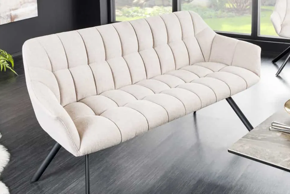 Esszimmer Sitzbank PAPILLON 165cm champagner beige mit Lehnen schwarzes Metallgestell