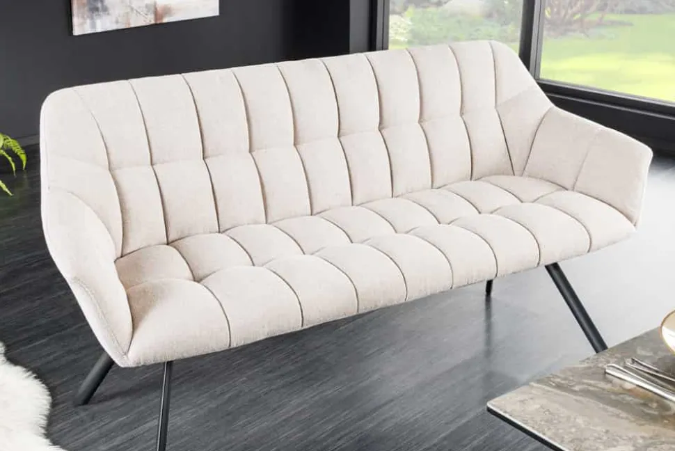 Esszimmer Sitzbank PAPILLON 165cm champagner beige mit Lehnen schwarzes Metallgestell