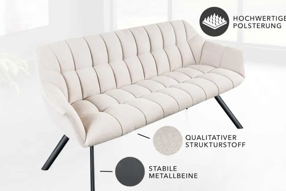 Esszimmer Sitzbank PAPILLON 165cm champagner beige mit Lehnen schwarzes Metallgestell