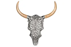 Extravagante Wanddekoration EXOTIC BULL 60cm silber Mangoholz Stierkopf