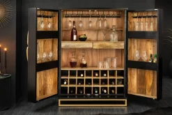Extravaganter Barschrank ANGEL 140cm schwarz Mangoholz mit goldenen Flügeln