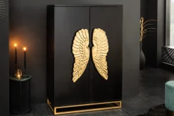 Extravaganter Barschrank ANGEL 140cm schwarz Mangoholz mit goldenen Flügeln