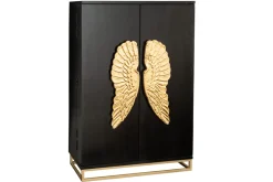 Extravaganter Barschrank ANGEL 140cm schwarz Mangoholz mit goldenen Flügeln