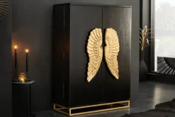 Extravaganter Barschrank ANGEL 140cm schwarz Mangoholz mit goldenen Flügeln
